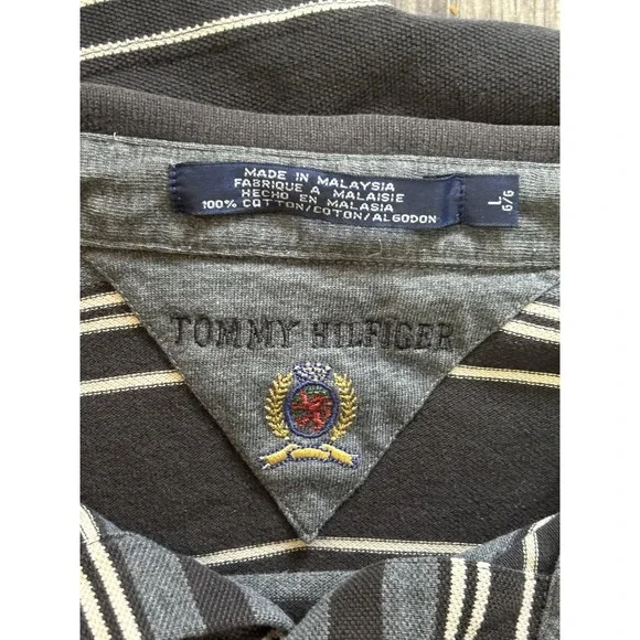VTG Y2K TOMMY HILFIGER CREST LOGO PATCH Men Cotton Black Large Striped Polo - Picture 2 of 6